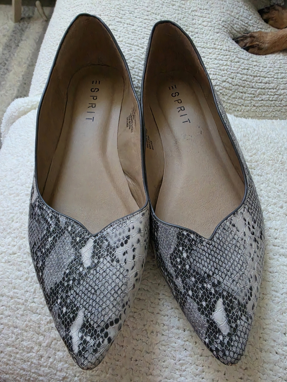 Esprit Snake-Print Pointed Flats in Grey and Black